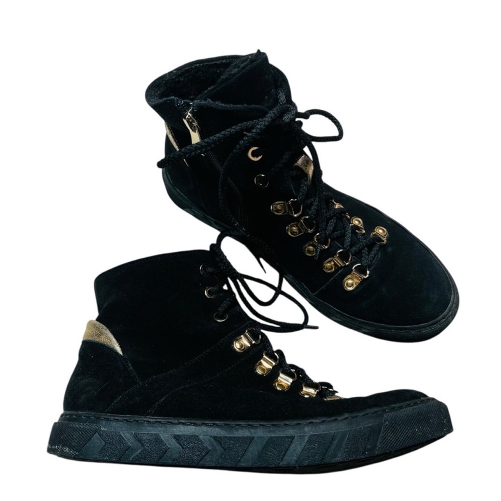 European Suede Leather Black High-Top Sneaker Boots‎ with Gold Accents